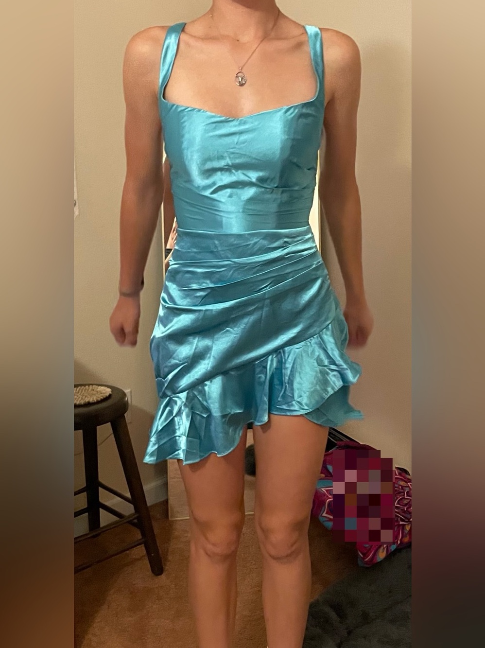 Amazon Teal Satin Ruffle Hem Formal Dress